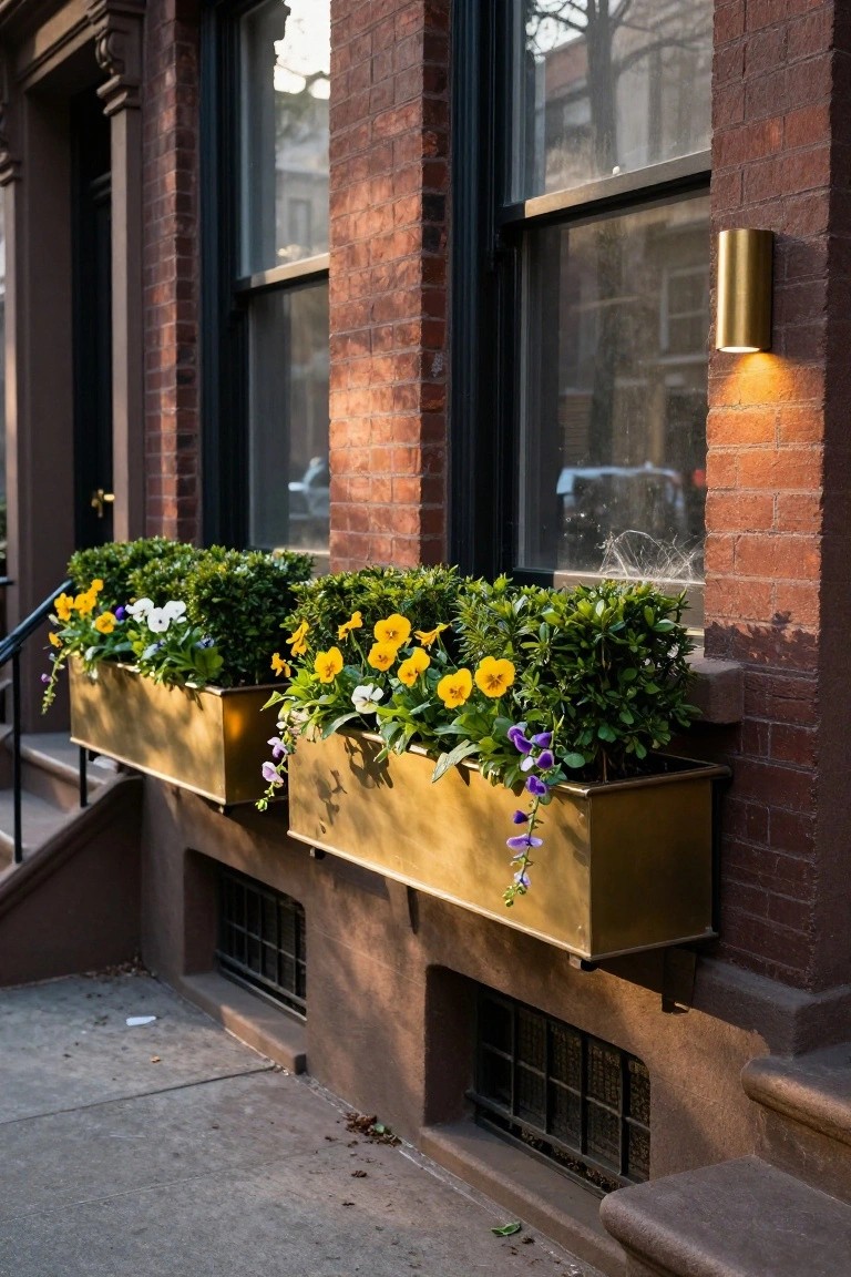 Planters with vibrant yellow and purple flowers adorn a brick building's windows.