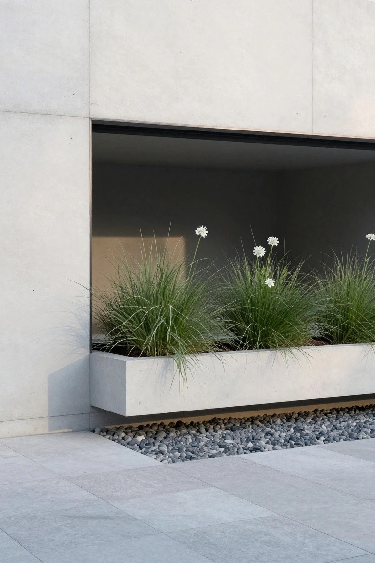 Modern concrete planter with tall grasses and white flowers against a minimalist wall.