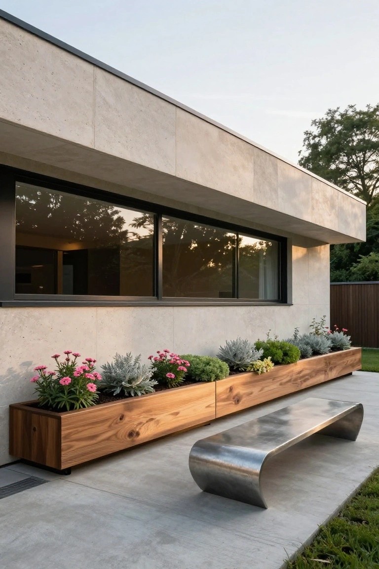 Beige stucco house exterior wall with large black-framed window, long horizontal wooden planters filled with pink flowers, silver succulents, green herbs along the base, curved stainless steel bench on concrete pavers, grass and trees in background.
