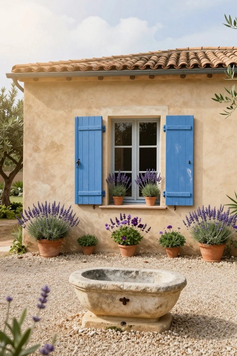 Ochre stucco house wall with blue wooden shutters open on a double window, multiple terracotta pots of blooming lavender on the sill and ground nearby, gravel yard with stone basin in front.