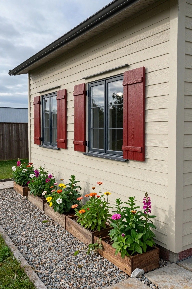 Beige siding on a house exterior with two gray-framed double windows flanked by red shutters, and four wooden planter boxes filled with colorful flowers like zinnias and foxgloves along the base beside a gravel path.