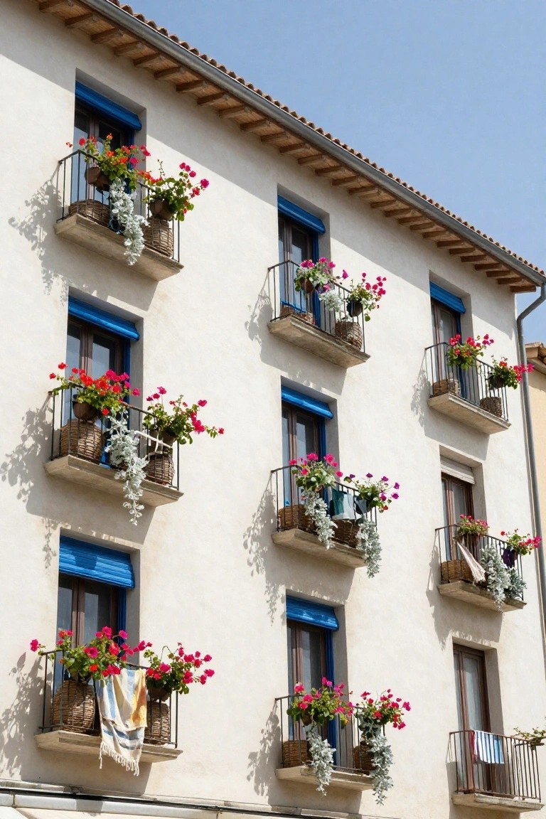 White stucco building facade with blue shutters, wrought-iron balconies overflowing with red geraniums, pink flowers, trailing plants, and laundry in some boxes under a clear sky.