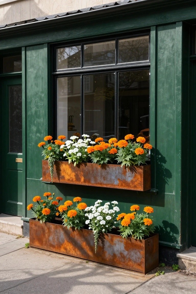 Green-painted building facade with large multi-pane window flanked by a dark green door, featuring two rectangular rusted metal flower boxes filled with orange marigolds, white flowers, and trailing greenery.