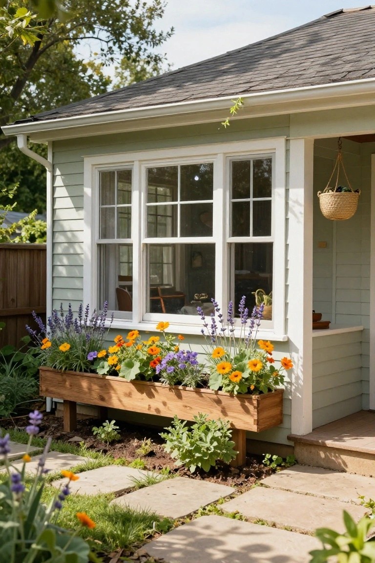 Pale green house exterior with large white-framed triple window, wooden flower box planter below overflowing with purple lavender, orange calendulas, and trailing plants, adjacent to porch steps and hanging basket.