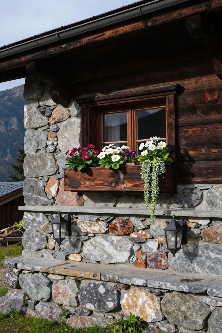 Wooden window on a stone and timber chalet wall with overflowing flower box of red geraniums, white daisies, purple violas, and trailing green plants, flanked by black lanterns and a stone bench below.