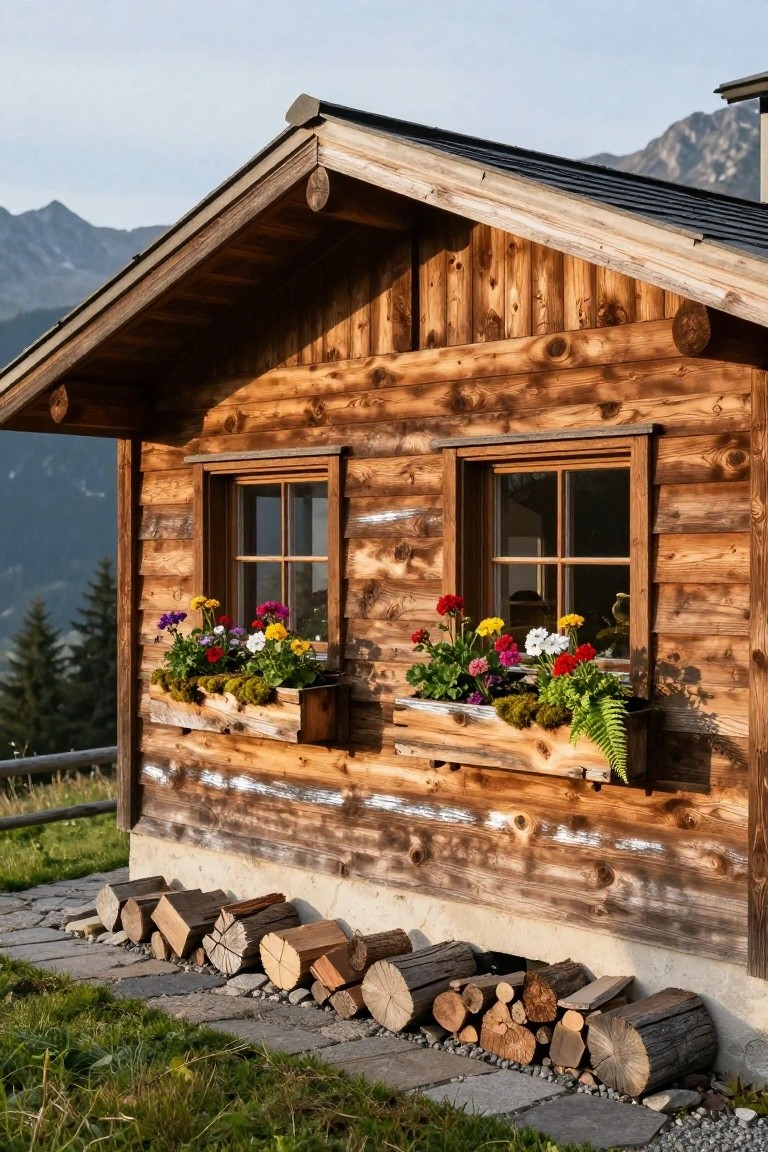 Wooden chalet exterior featuring two windows with overflowing flower boxes of multicolored blooms, stacked firewood at the base, and mountains in the background.