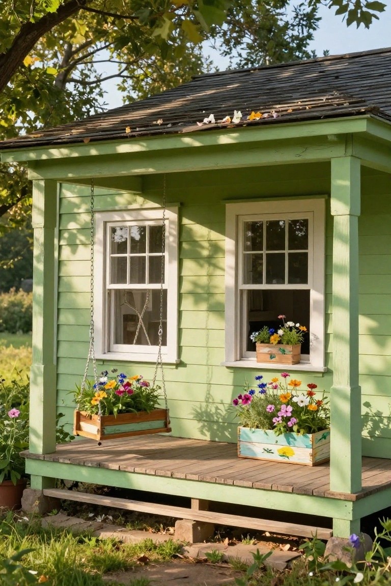 Small mint-green shed with white multipaned windows, wooden crate flower boxes filled with colorful flowers on the sills, a hanging flower basket on porch chains, and garden plants nearby.