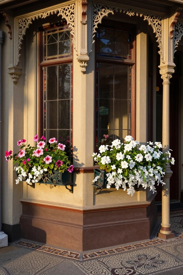 Beige house corner with ornate cream woodwork around a tall bay window with stained glass, two green metal flower boxes holding pink geraniums on the left and white flowers on the right, pillars, and mosaic tile floor outside.