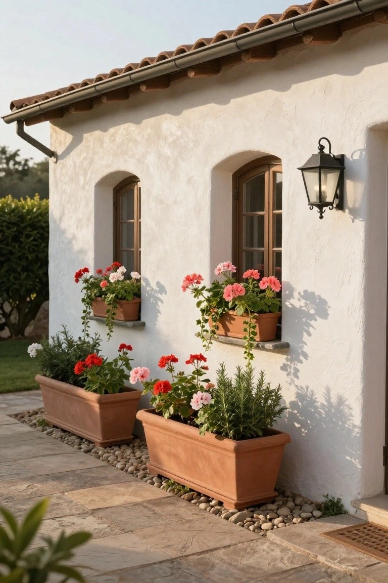 White stucco exterior wall of a house with two arched windows, each having a terracotta window box filled with red and pink geraniums, plus matching ground-level planters, a black wall lantern, terracotta roof tiles, and stone patio paving.