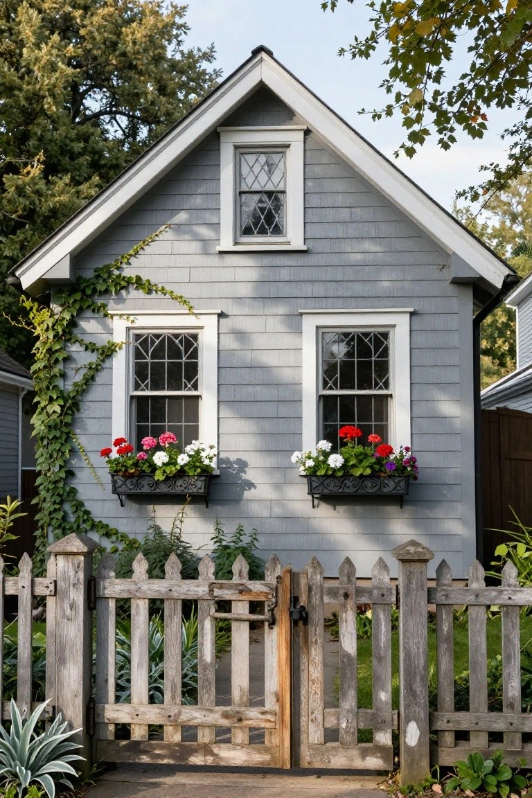 Gray shingled cottage house with white-framed leaded windows, ivy climbing the left side, black iron window flower boxes filled with red pink and white geraniums, and a weathered wooden picket fence gate in front.