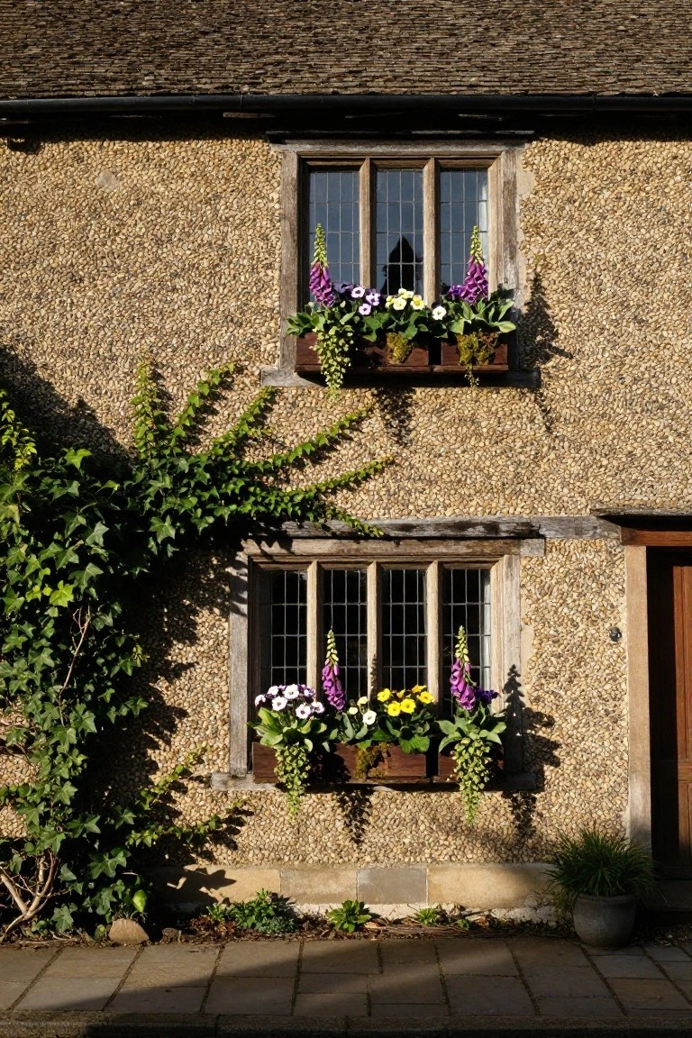 Stone cottage facade with two sets of wooden-framed leaded windows, each with wooden flower boxes overflowing with purple foxgloves, white and yellow flowers, ivy climbing one side, a wooden door, and potted grass near the entrance on a paved path.