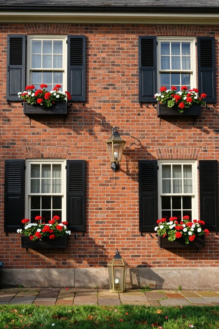 Red brick two-story house facade with black shutters on white-framed windows, black flower boxes overflowing with red and white geraniums, and a brass lantern mounted near the base.