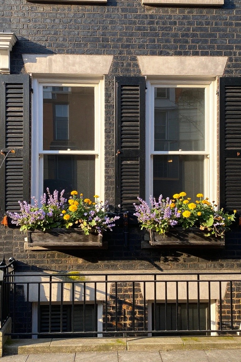 Two windows with black shutters adorned with colorful flower boxes in sunlight.