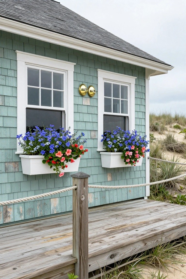 Light green shingled cottage exterior with two white window flower boxes filled with blue delphinium and pink geranium flowers, beside sandy dunes, beach grass, a wooden deck, and rope fencing.