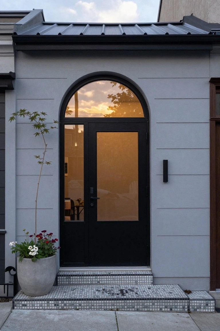 Gray stucco house exterior featuring a large arched black-framed window next to a black entry door, with a young tree and potted flowers on the side, mosaic tile steps, and evening sky.