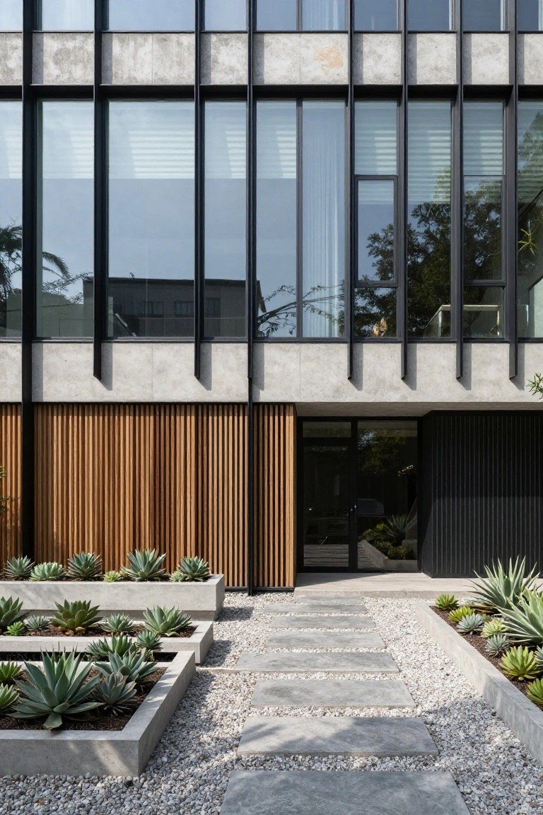 Modern two-story house exterior with large floor-to-ceiling black metal-framed windows on exposed concrete walls, wooden slat screening beside the entry door, and agave plants in concrete planters along a stone pathway with gravel accents.