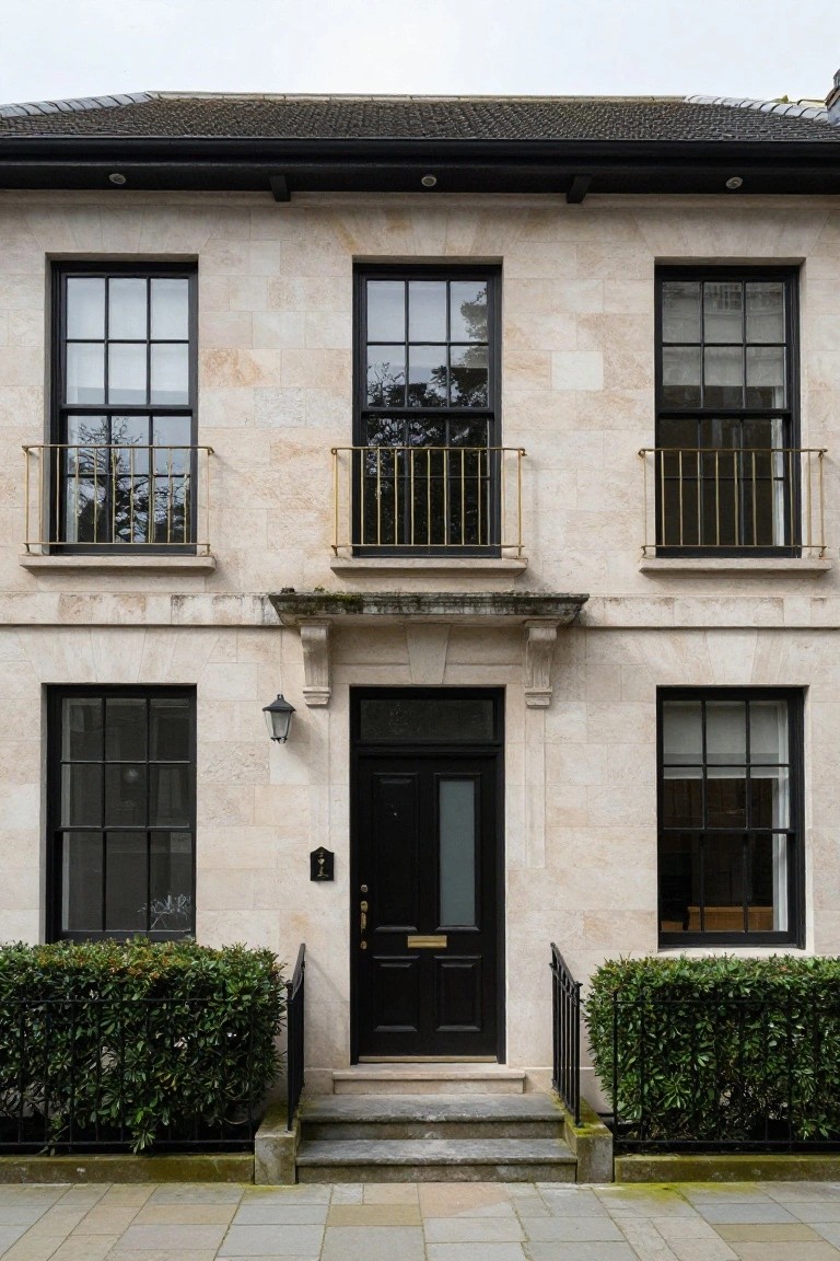 A two-story light beige stone townhouse with black-framed windows, black front door, gold metal balconies on upper windows, lantern light by the entry, and low boxwood hedges on either side of the steps.