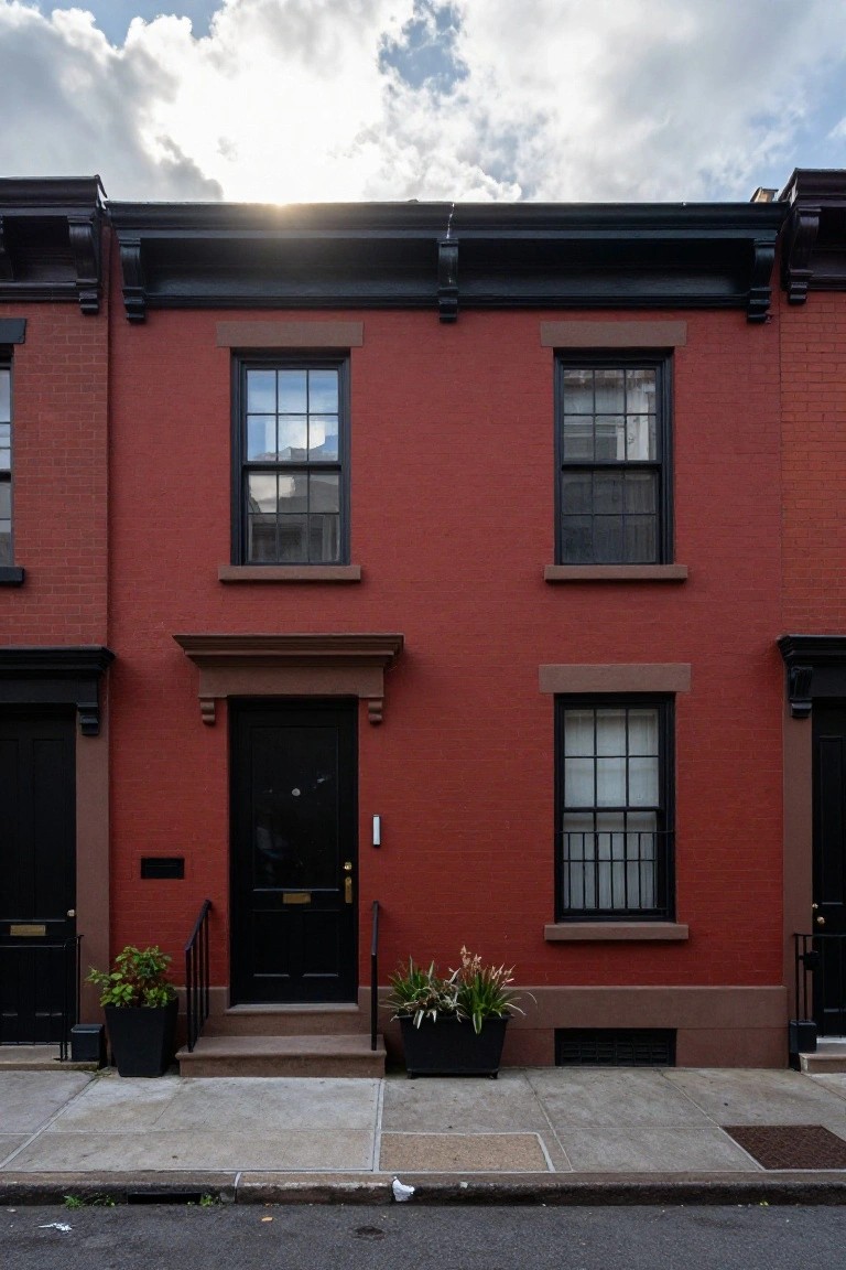 Red brick rowhouse facade with black-framed double-hung windows, black front door, brownstone stoop with black railings and potted plants, flanked by similar neighboring houses on a sidewalk.