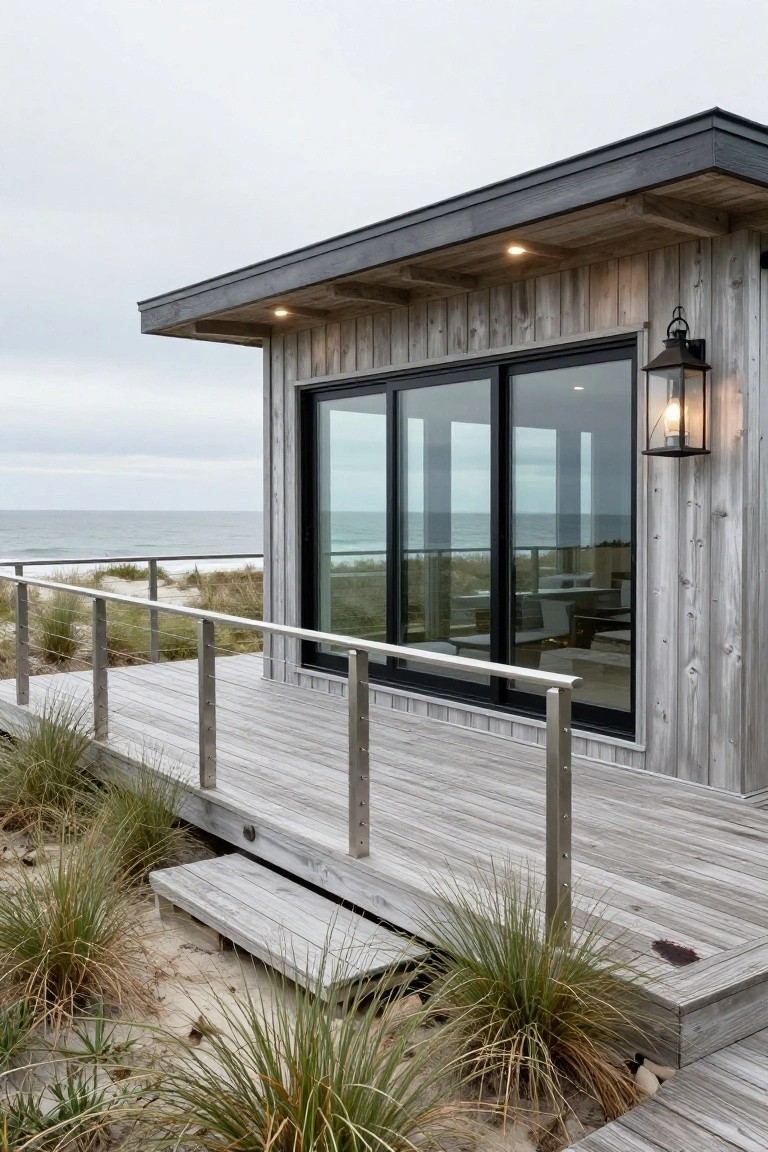 A small coastal cabin with light weathered wood siding, large black-framed sliding glass doors facing the ocean, stainless steel cable railings on a wooden deck, and dune grass nearby.