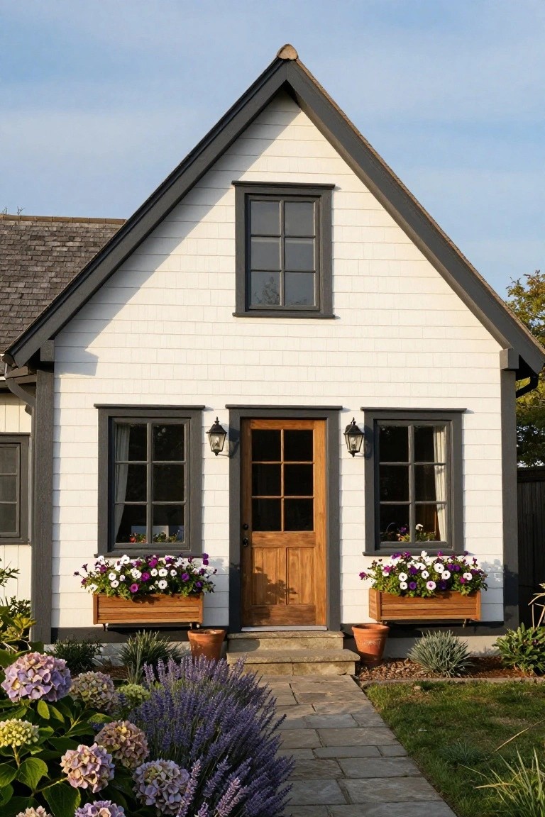 White clapboard house with black window frames, wooden front door, flower boxes under side windows filled with purple and white flowers, lantern lights flanking the entry, and front garden beds with hydrangeas, lavender, and a stone pathway.