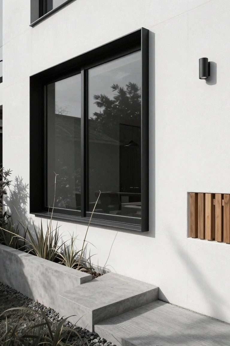 Modern white house exterior wall with large black-framed sliding glass window, concrete planter with grasses, wooden slat panel, wall light, and short concrete steps with gravel ground.