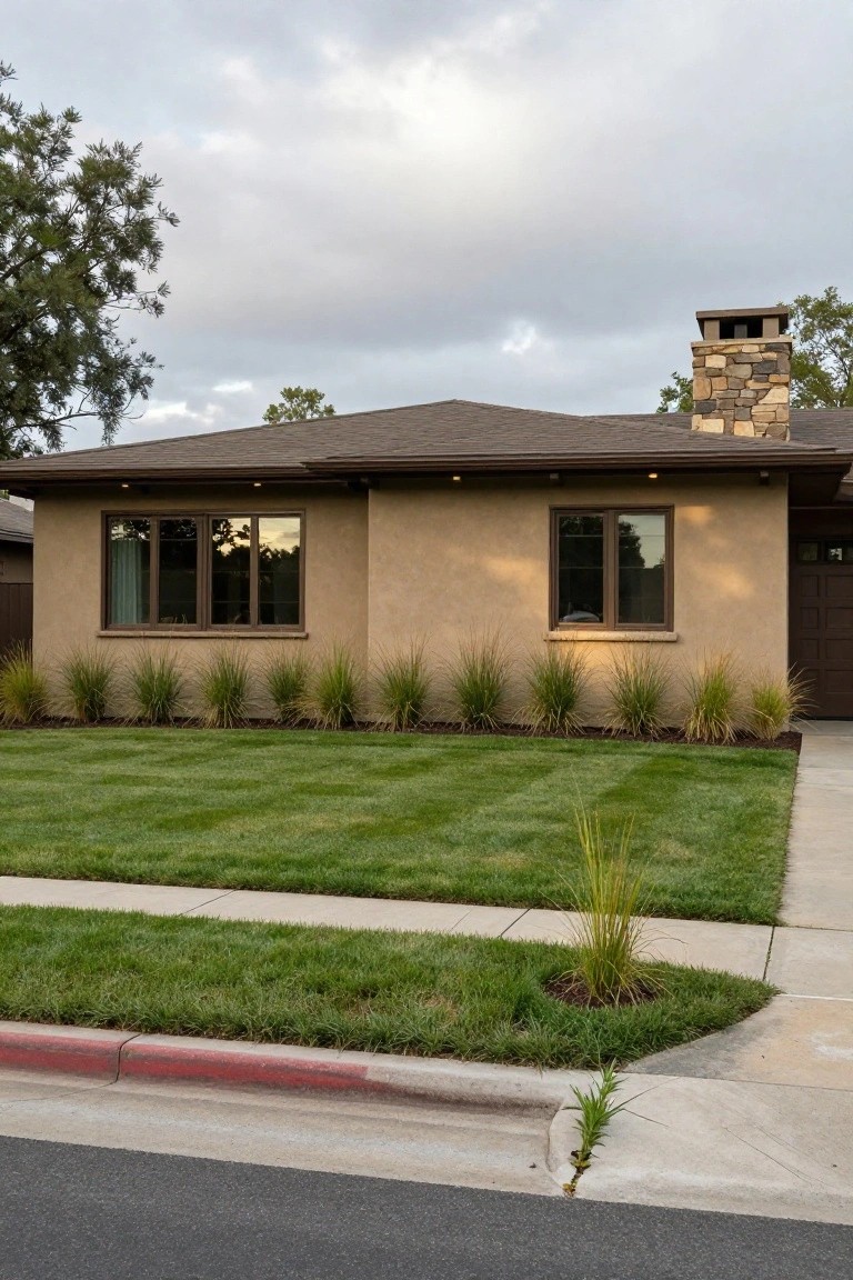 Beige stucco single-story house with dark-framed windows, stone chimney, brown garage door, front lawn edged with ornamental grasses, and concrete curb on a street.