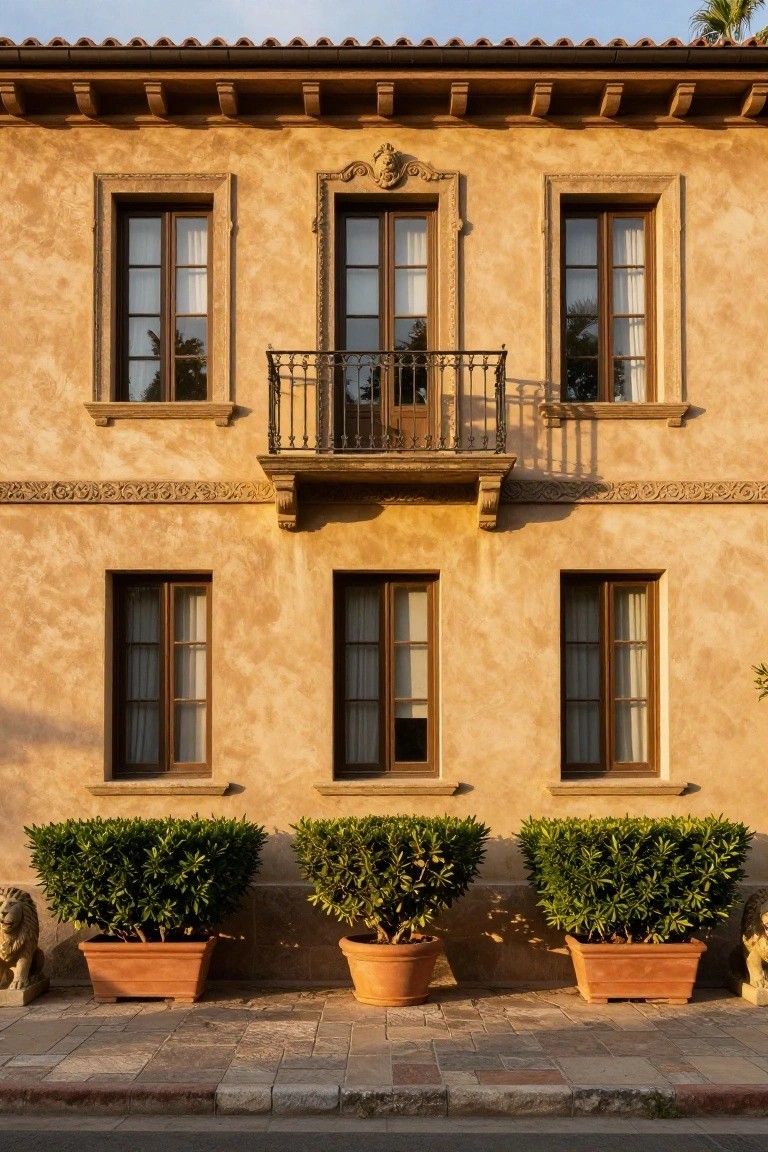 Beige stucco house facade featuring dark wooden window frames with decorative surrounds, a second-floor wrought-iron balcony, three ground-level windows, potted boxwood shrubs, and stone lion statues on a tiled walkway.