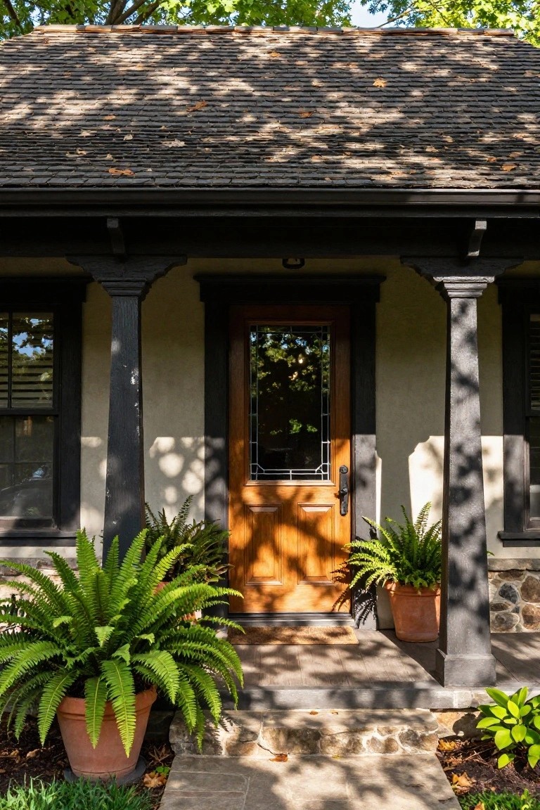 Front view of a Craftsman-style house exterior featuring dark wood trim and columns around beige stucco walls, a stained glass front door, and potted ferns on either side of the steps.
