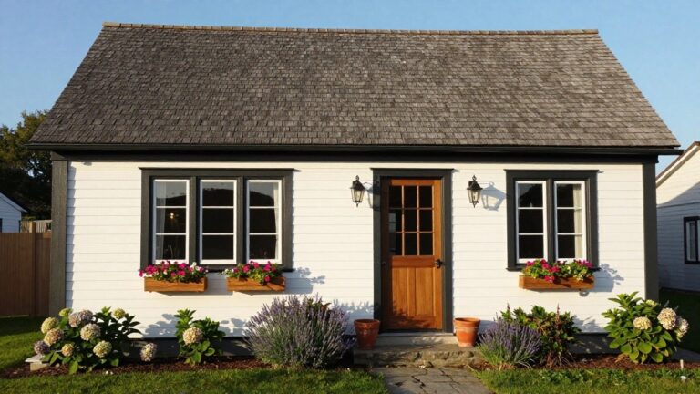 19 Exterior Window Frame Ideas That Highlight Architectural Beauty White clapboard house with black window frames, wooden front door, flower boxes under side windows filled with purple and white flowers, lantern lights flanking the entry, and front garden beds with hydrangeas, lavender, and a stone pathway.