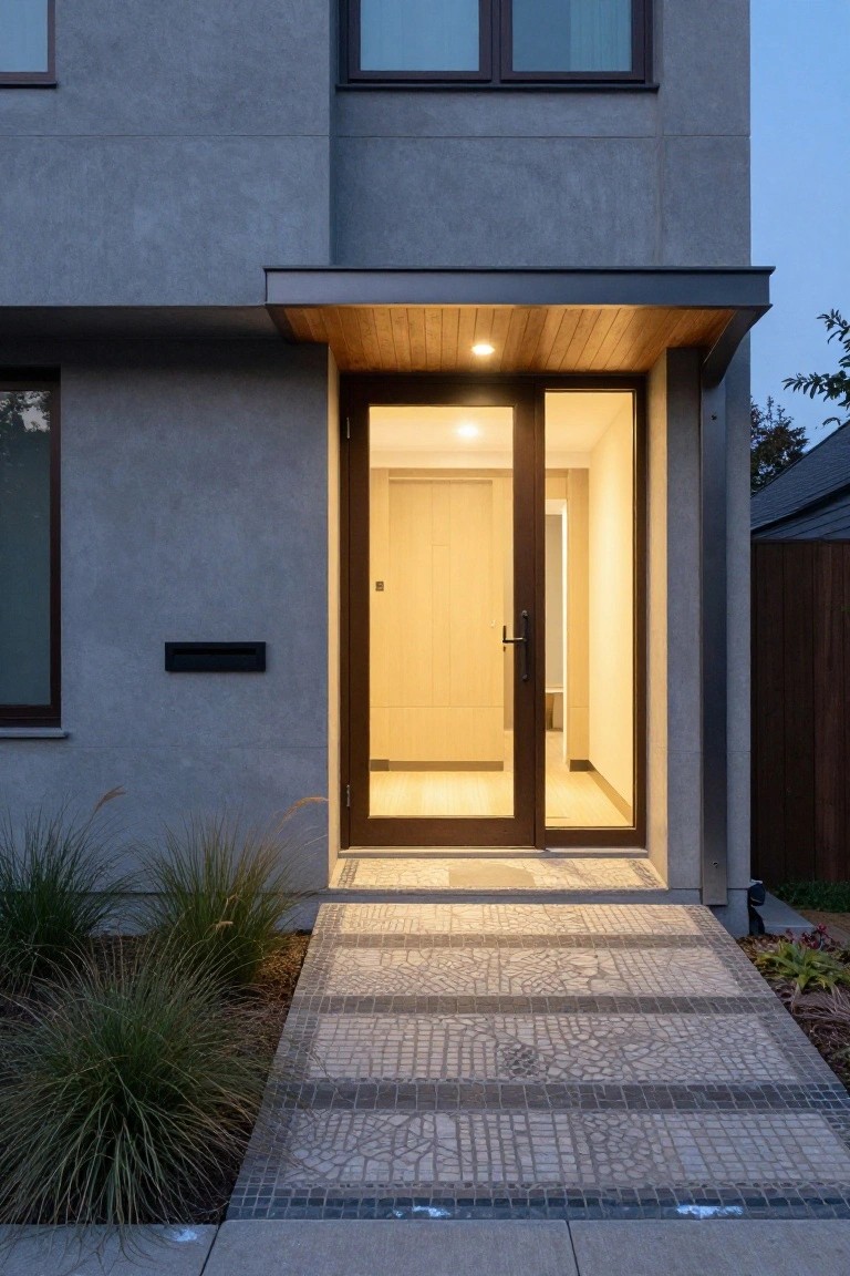 Modern house front entrance featuring a tall glass door with slim dark frames, flanked by a window, under a wooden cantilevered canopy, with gray stucco walls, potted plants nearby, and a mosaic-patterned concrete pathway.