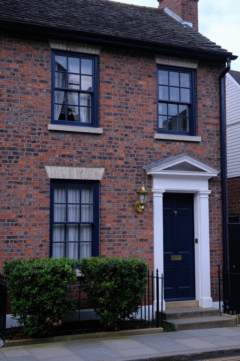 Two-story red brick house with navy blue sash windows, matching front door under a white pediment, brass lantern, boxwood shrubs, and black iron fence on a paved sidewalk.