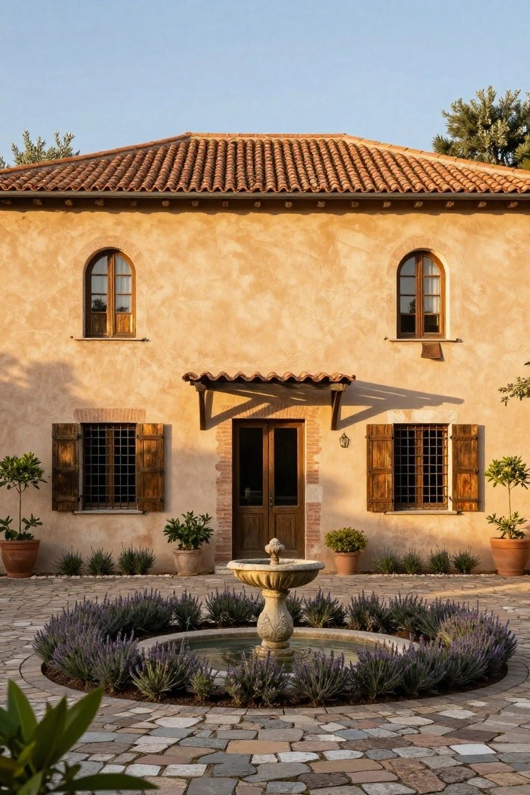 Ochre stucco house facade with terracotta tile roof, arched windows framed by wooden shutters, wooden entry door under a covered porch, central stone fountain ringed by lavender plants in a pebble courtyard.