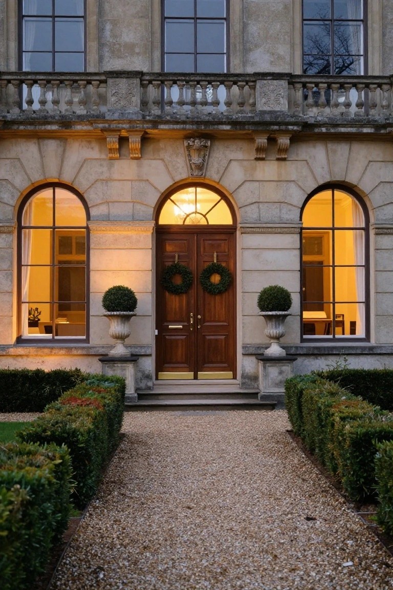 Classical stone house facade at dusk with three tall arched windows and a central double wooden door, all illuminated from inside, flanked by potted boxwoods, evergreen hedges, and a gravel path.