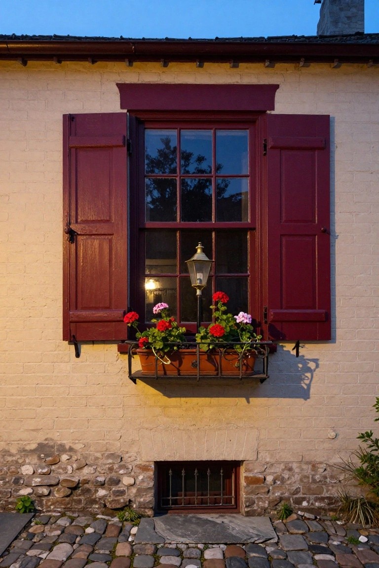 Beige brick exterior wall with a six-over-six double-hung window flanked by open red wooden shutters, a flower box of red and pink geraniums below the window, a lantern light beside it, and a cobblestone ground with some plants.