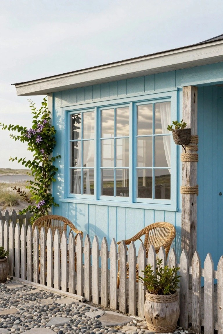 Light blue clapboard beach house corner with large white-framed triple window, sheer curtains, climbing purple vine, potted plants, wicker chairs, white picket fence, and gravel path near sand dunes.