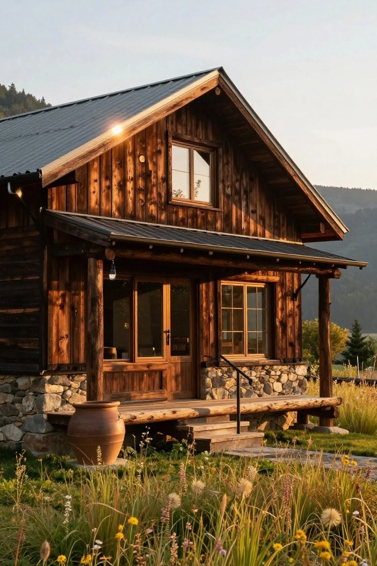 Rustic wooden cabin with vertical board siding, dark metal roof, stone foundation, covered porch featuring wood-framed windows and door, large terracotta pot, wild grasses, and mountain backdrop at sunset.