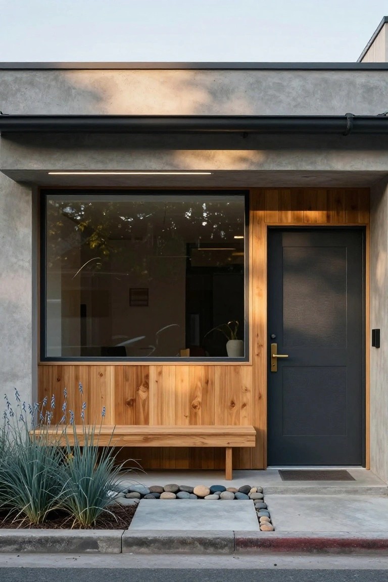 Modern house facade with gray concrete wall, large window under deep black overhang with LED strip lighting, cedar wood cladding and bench beside dark entry door, flanked by agave plants and pebble border on concrete path.