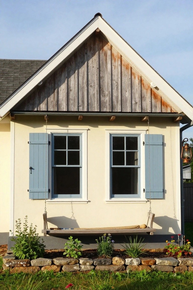 Yellow house facade with two open windows flanked by blue shutters under deep wooden eaves, a hanging swing nearby, stone retaining wall, and plants in front.