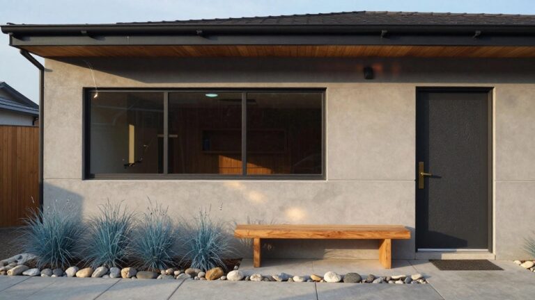 Modern house facade with gray concrete wall, large window under deep black overhang with LED strip lighting, cedar wood cladding and bench beside dark entry door, flanked by agave plants and pebble border on concrete path.