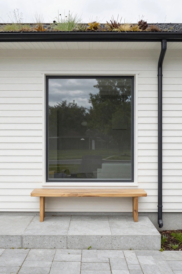 White horizontal wood-clad house wall with large rectangular black-framed window, wooden bench on concrete steps beside it, black downspout running vertically, and dark sloped roof topped with grasses and plants above.