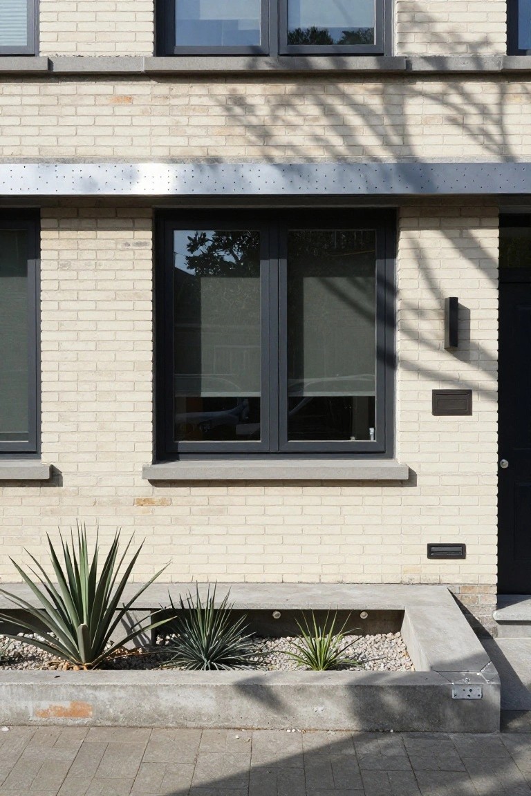 Beige brick house exterior with dark-framed windows under a perforated metal overhang, black front door, wall light, plaque, and concrete planter box containing agave plants and pebbles.