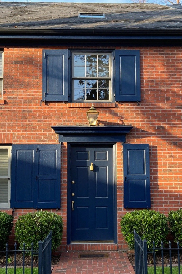 Red brick two-story house facade with dark slate roof overhanging upper multi-pane window with blue shutters, blue front door with brass knocker and lantern in pediment, flanked by boxwood shrubs and iron fence with brick path.