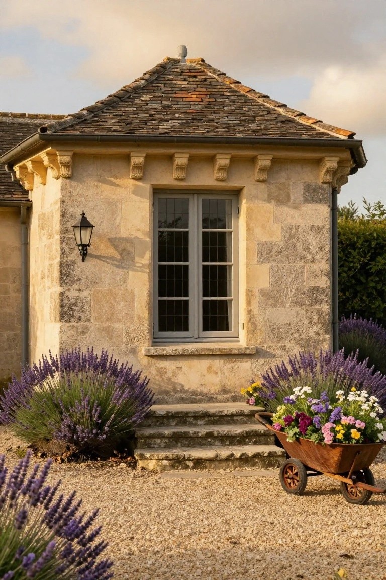 Small beige stone outbuilding with tall narrow window, wall-mounted lantern to the left, carved stone brackets under the tiled roof overhang, stone steps, lavender bushes, and wheelbarrow of colorful flowers on gravel ground.