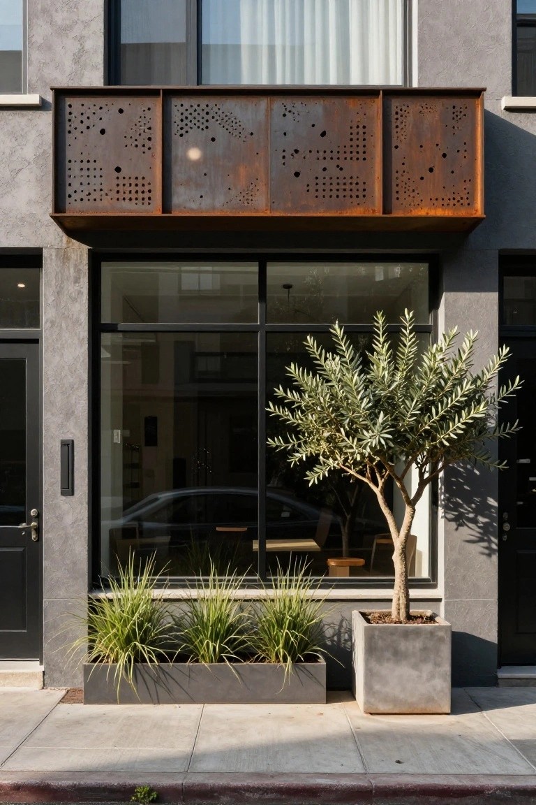 Modern house exterior with cantilevered rusted perforated metal panels above floor-to-ceiling windows, potted olive tree and grasses in concrete planters next to black doors on a sidewalk.