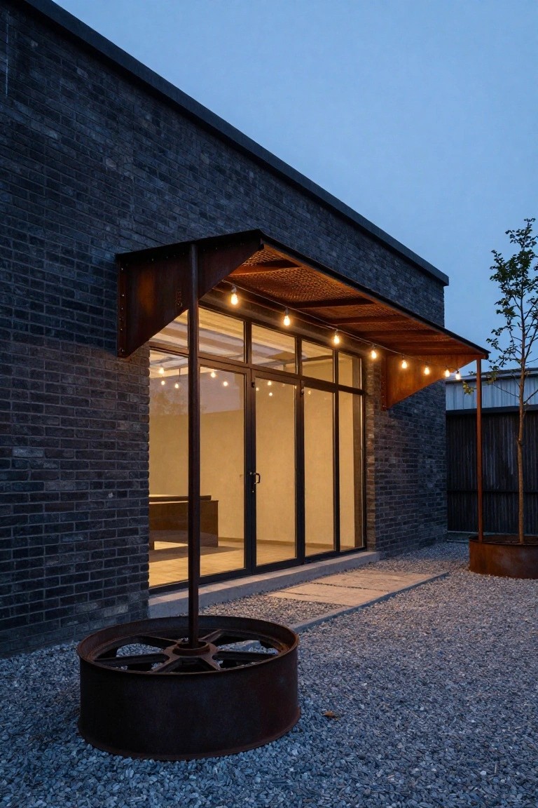 Dark brick house wall with large glass doors under a cantilevered rusted metal awning strung with bulb lights, gravel ground, metal wheel planter nearby, and a tree in dusk light.