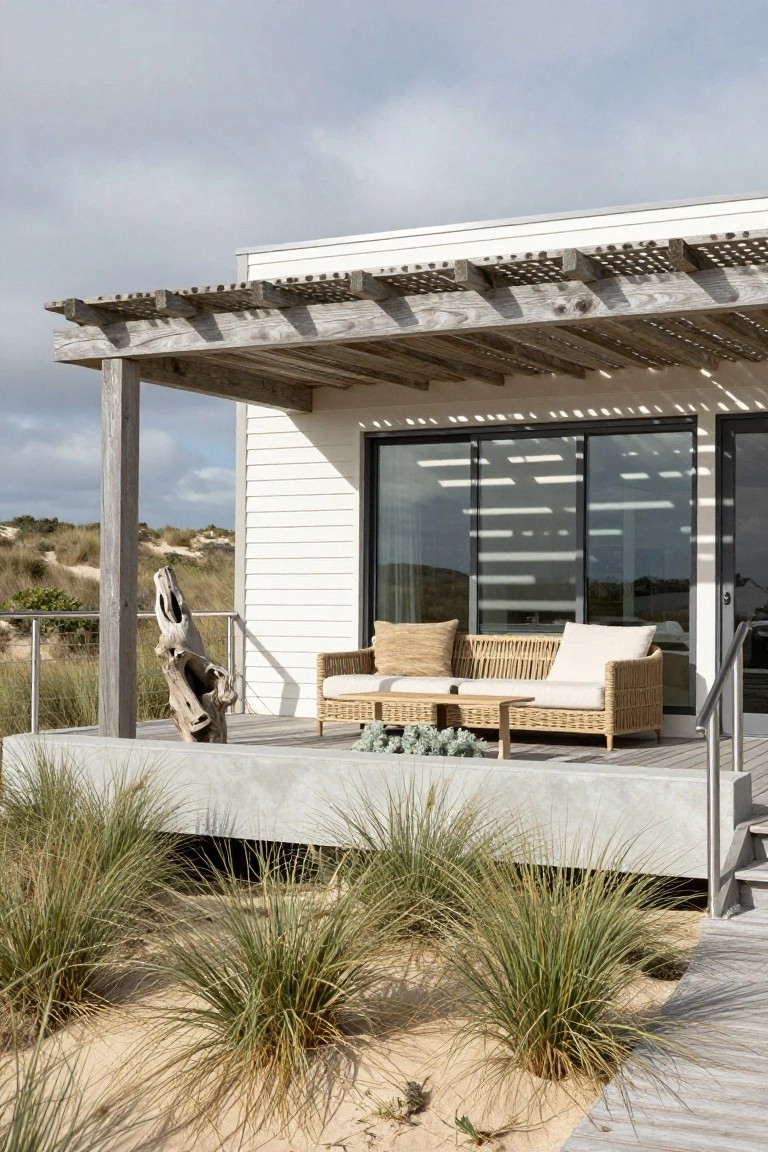 White clapboard beach house exterior with slatted wooden pergola overhang above large sliding glass doors, rattan sofa set on raised concrete deck surrounded by sand dunes and dune grasses.