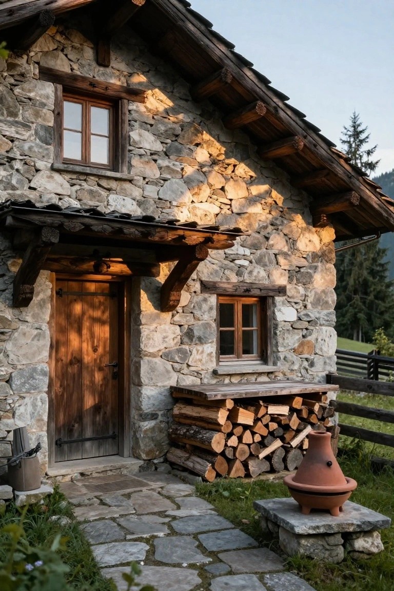 Stone chalet house exterior featuring wooden-framed windows under protruding timber beams, a front door with porch overhang, stacked firewood, and a terracotta pot on a stone path amid green grass and mountains.
