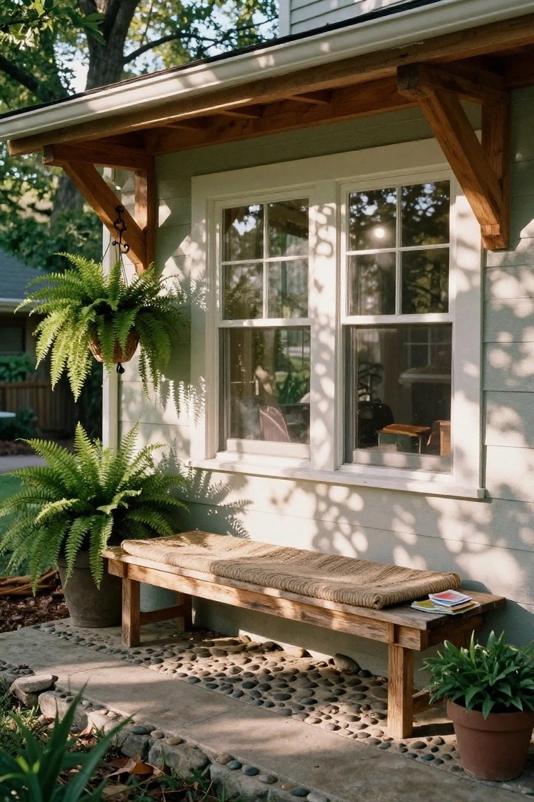 Gray-green clapboard house with wooden beam overhang above a double window, hanging ferns from the beams, potted ferns nearby, woven bench on a pebble path.