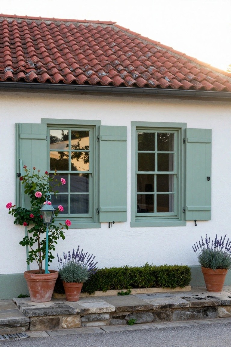 White stucco house wall with two open green shutters framing six-pane windows under a red barrel-tile roof eave, rose climber and lavender pots in terracotta on stone steps in front.