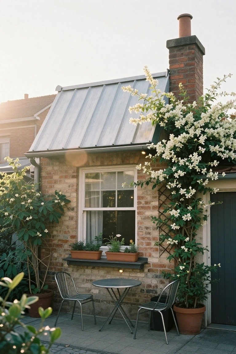Brick house corner with sloped metal awning over a window covered in white climbing flowers, potted plants on the sill, and a small bistro table with two metal chairs on a paved patio beside a dark green door.